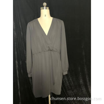 Black V-Neck Long-Sleeved Dress For Lady